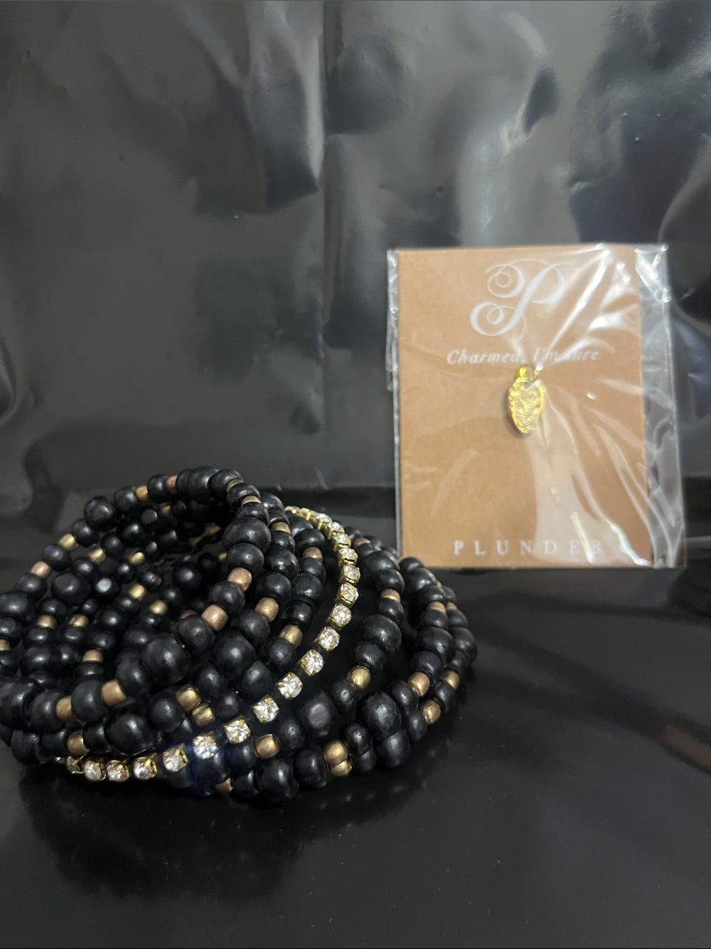 Plunder Charm,  Black, Gold & Clear Rhinestone Wrapped Bracelet Set